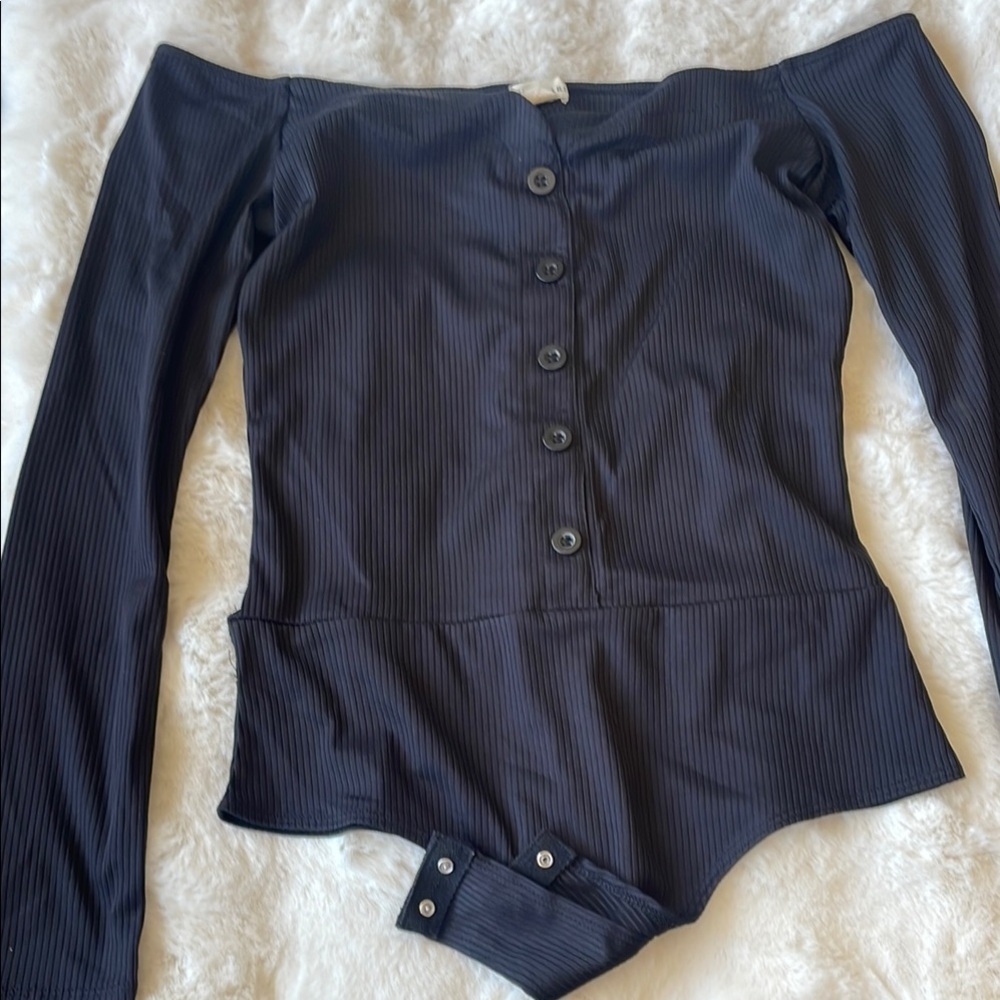 Black Off-Shoulder Button-Up Bodysuit